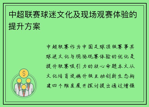 中超联赛球迷文化及现场观赛体验的提升方案