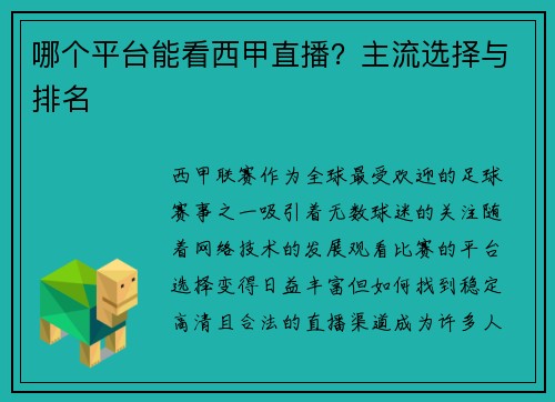 哪个平台能看西甲直播？主流选择与排名