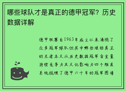 哪些球队才是真正的德甲冠军？历史数据详解