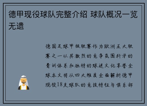 德甲现役球队完整介绍 球队概况一览无遗